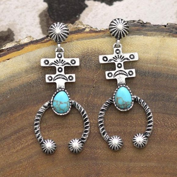 Boho Rodeo Jewelry - NEW Howlite Turquoise Natural Stone Silver Dipped Cowgirl Western Earrings